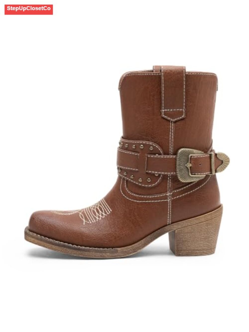 Faux Leather Western Ankle Boots Square Toe Chunky Heel Booties